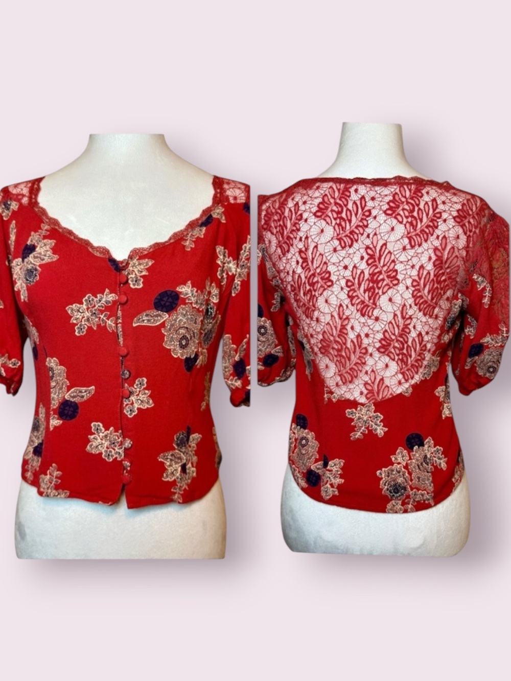Free People Red Floral Lace Back Puff Sleeve Button Up Boho Top Size Small
